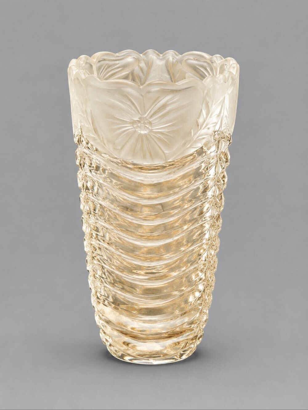 VTG Floral Frosted Leaded Crystal Ripple Cut Vase